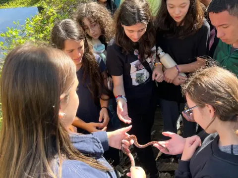 Estudantes da Escola Criativa Idade durante curso sobre herpetofauna. Fonte: Acervo Fotográfico da Fundação Jardim Botânico de Poços de Caldas.
